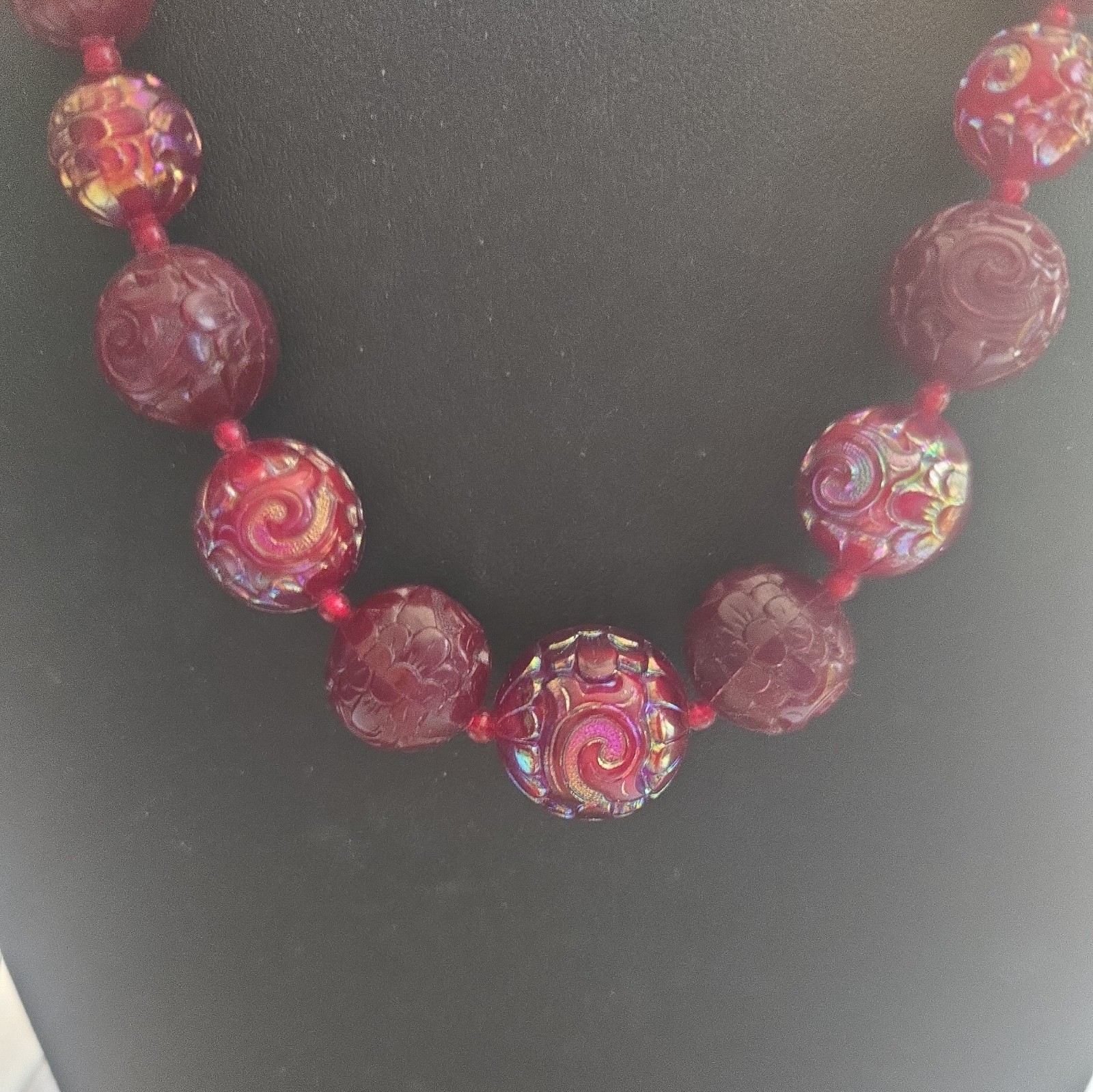 Vintage Austria Signed Red Iridescent Lucite or Resin Beaded 22″ Necklace