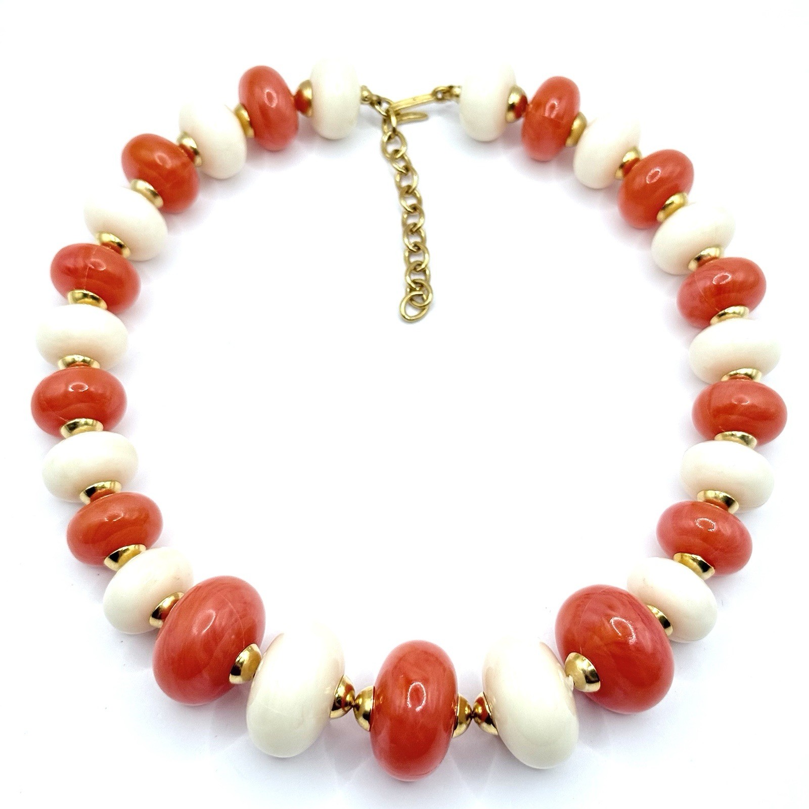 Vtg Chunky Necklace Choker Mid Century Orange Cream Lucite Beads Gold Caps R