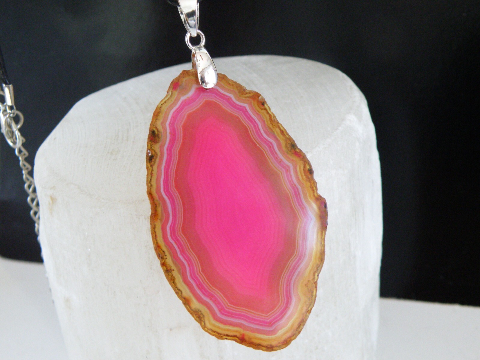 Huge Sterling Silver 925 Pink Geode Crystal Slab Vintage Pendant Necklace
