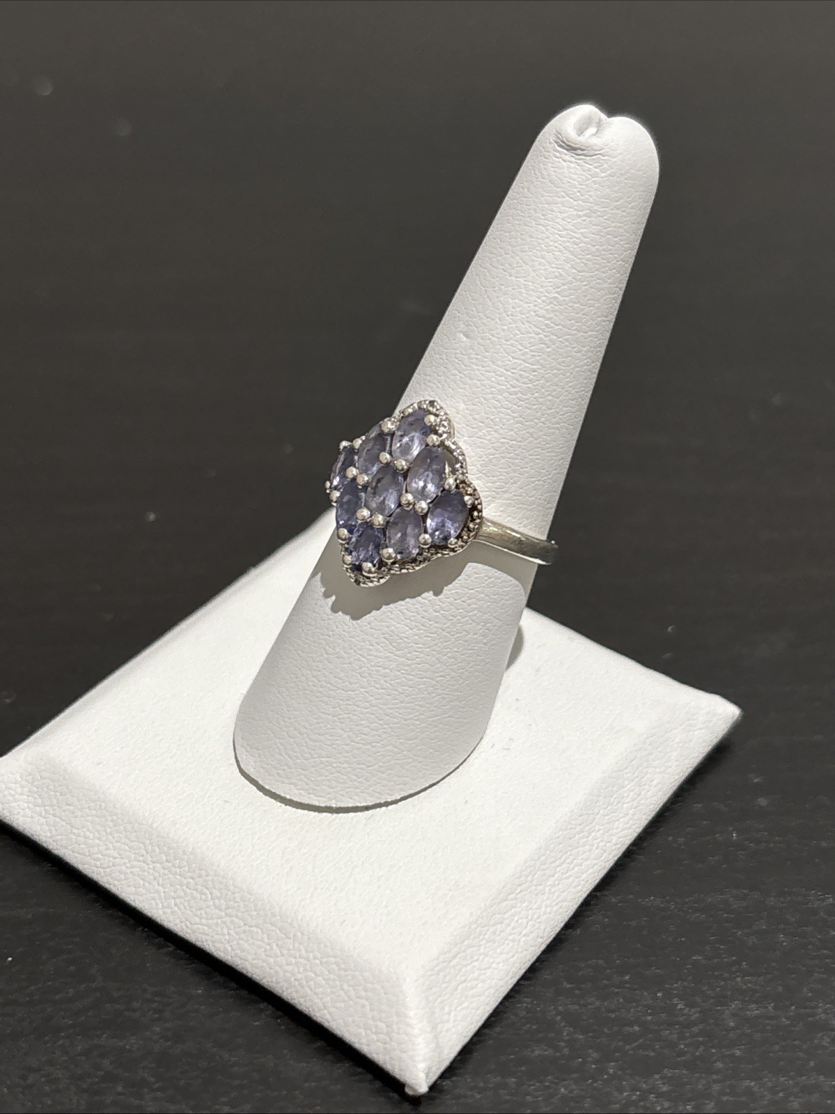 Sterling Silver 925 Blue Violet Tanzanite Style Cluster Diamond Ring Size 8 TGGC