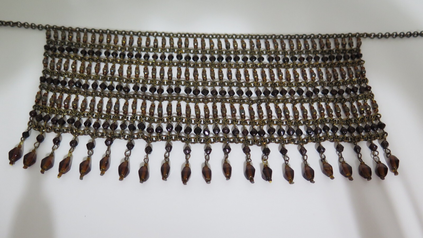 Vintage Collar Beaded Necklace- Brown Beads and Bronze Tone Chain