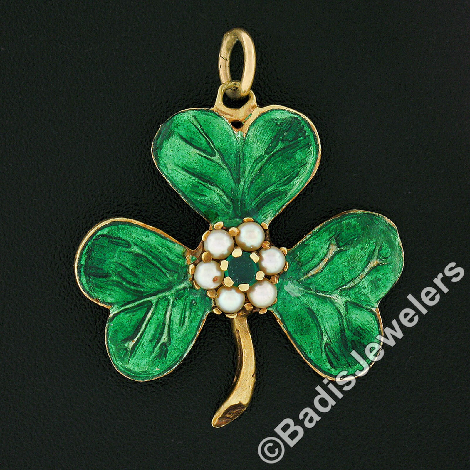 Antique 14k Gold Emerald Pearl Vivid Green Enamel Textured Clover Charm Pendant