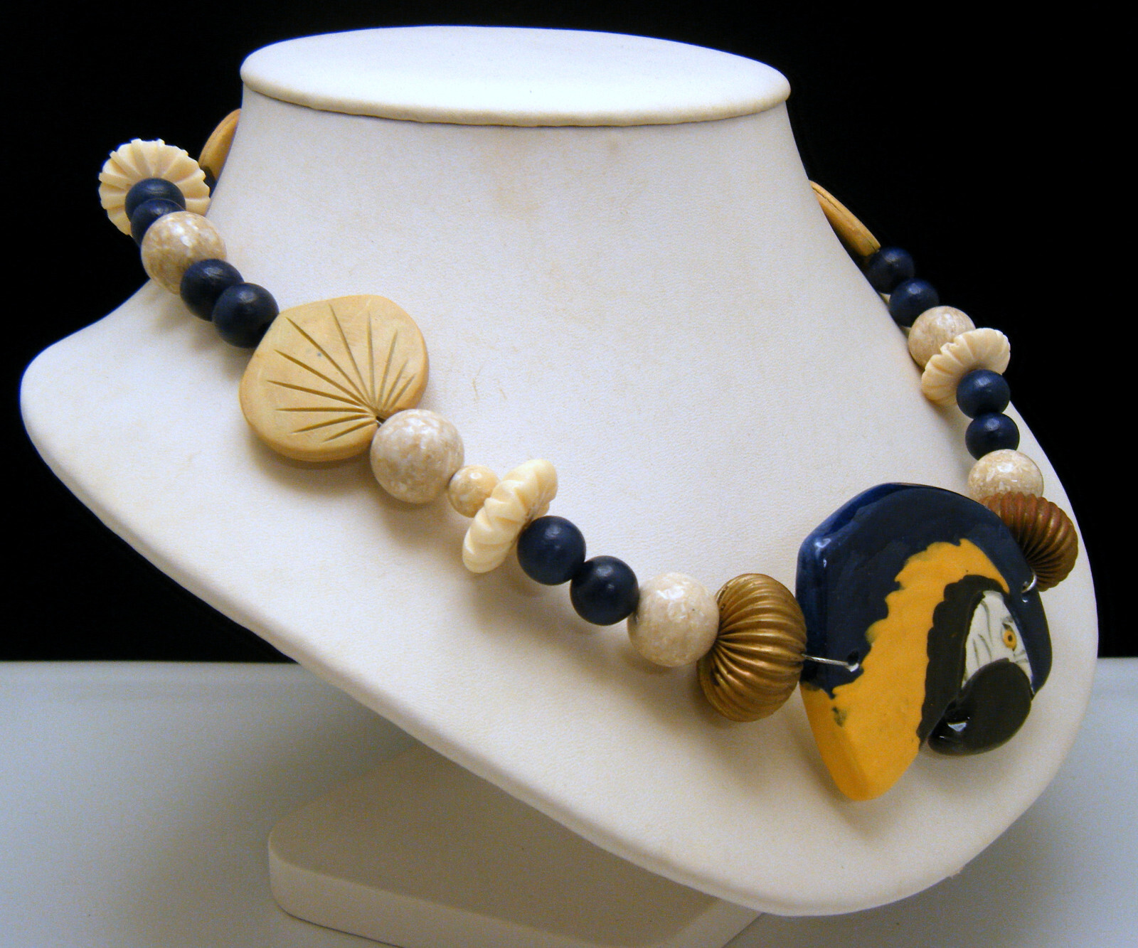 Vintage PN Parrot Bird Ceramic Wood Glass Bead Necklace Silver Tone