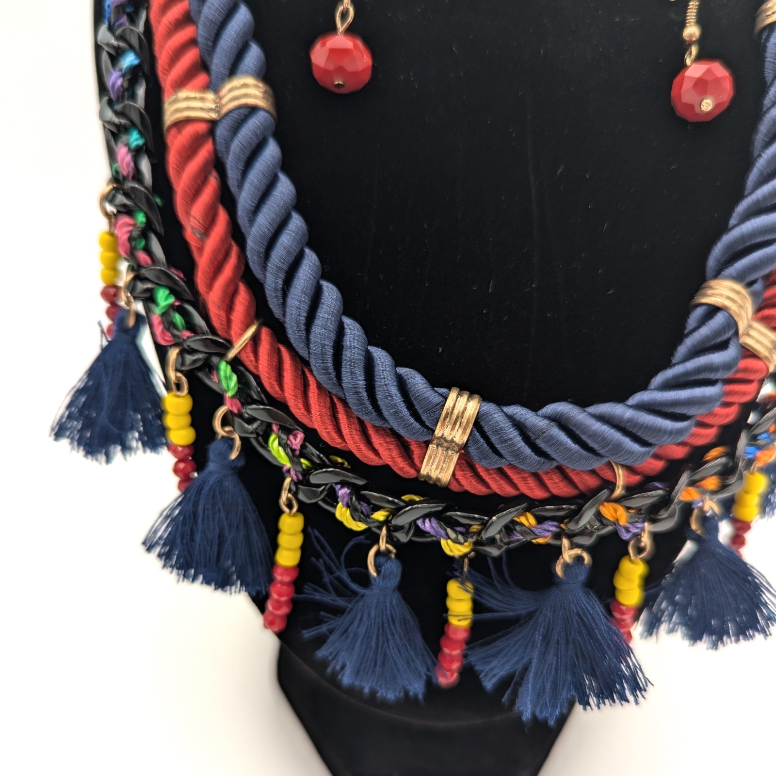 Vintage Victorian Revival Necklace Handmade Fiber Macrame Beaded Fringe Oxblood