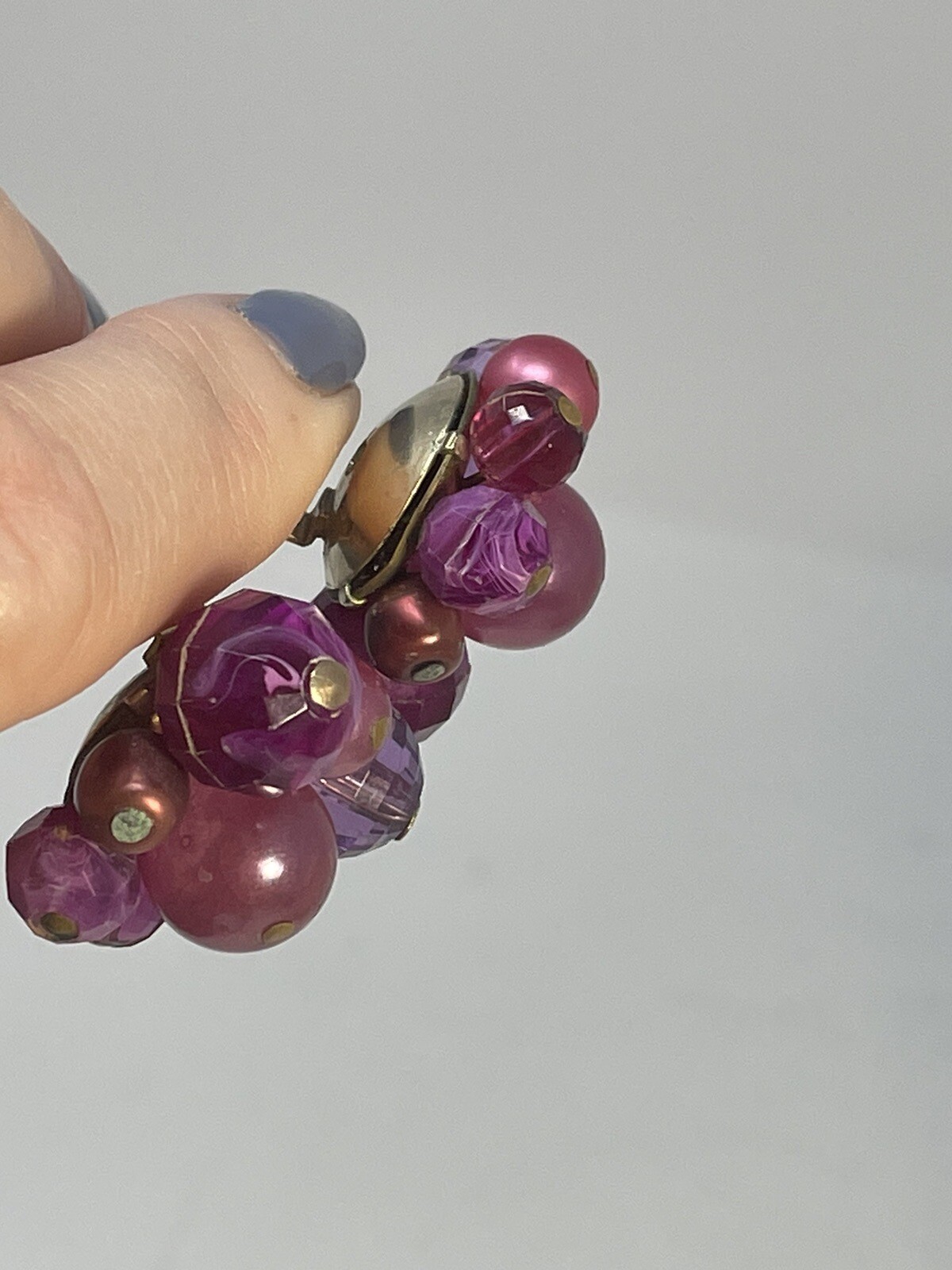 Vintage Zentall Purple Bead Cluster Clip On Earrings Faceted Crystal Faux Pearl
