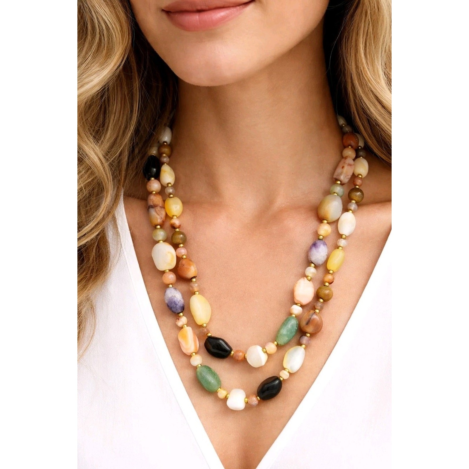 Colorful Agate Stone Necklace 36″ Long Sustainable Boho Jewelry blu1-22