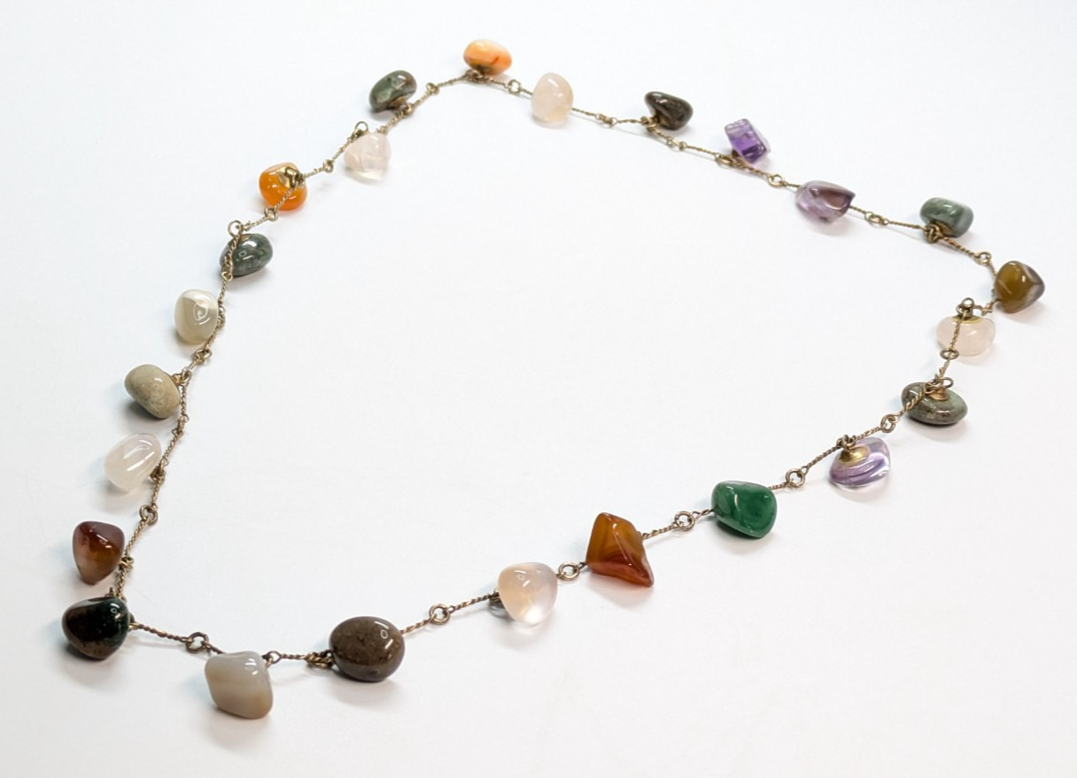 VTG Multi Color Tumbled Stone Pendant Station Gold Tone Statement Necklace 30″