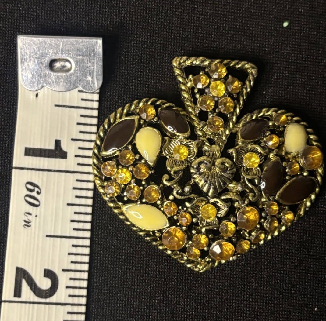 Vintage Unique Amber Glass & Rhinestone Brooch-Pendant