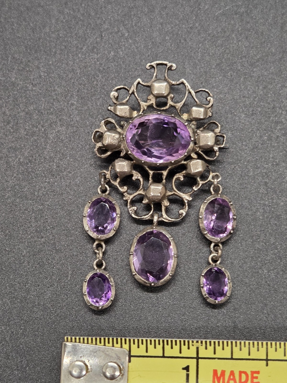 Antique Victorian Sterling Silver Purple Amethyst Dangle Brooch Festoon Pin OOAK