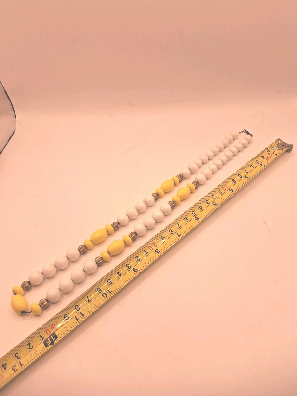 Vintage, White and Sunny Yellow Beads, Hook Clasp, Strung On Thin Chain, 25″