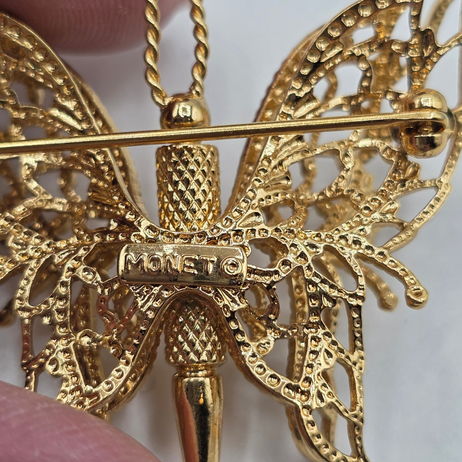 Monet Vintage Butterfly Brooch Gold Tone Filigree Openwork Textured Pin Garden