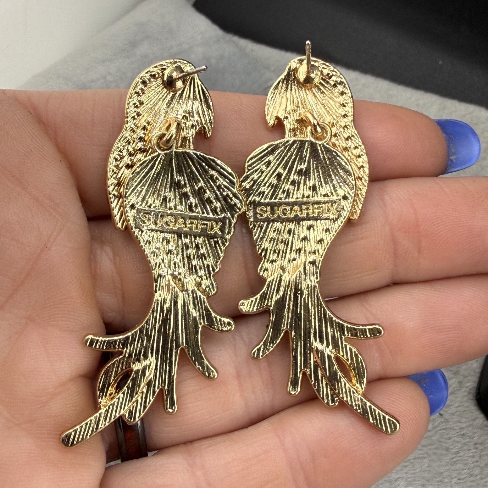 Sugarfix Rhinestone Parrot Pierced Earrings Gold Tone Bird Signed