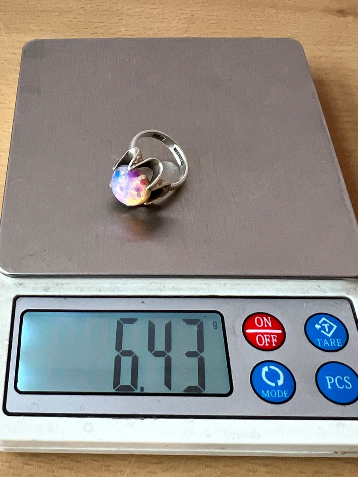 VINTAGE LARGE ROUND CABOCHON FAUX RAINBOW OPAL RING 925 STERLING SLVER MEXICO