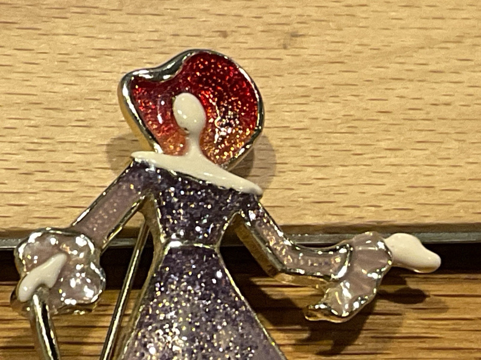 Vintage Lady in Dress Enamel Brooch/Pin w/Red Hat & Shoes, Umbrella – Gold Tone