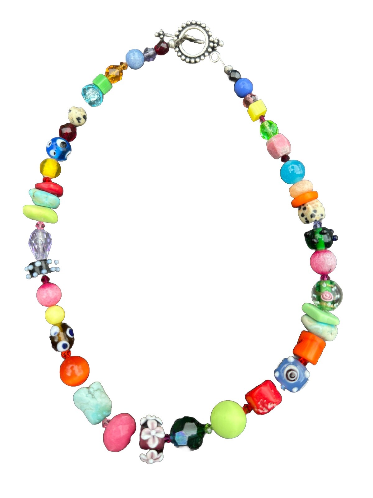Colorful Lampwork Art Glass Beaded Necklace 17” Beads Different Shapes Vintage