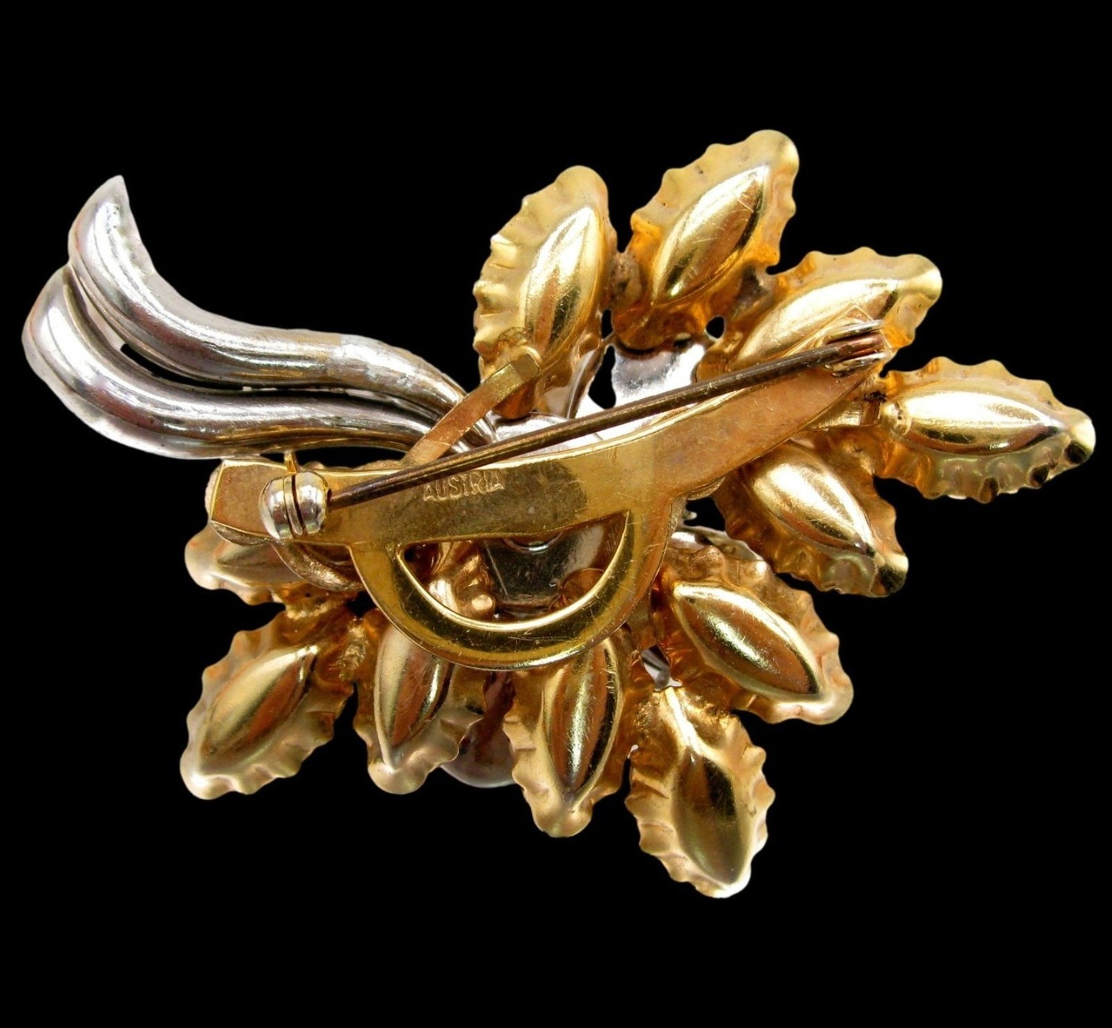 Amazing AUSTRIA Floral Rhinestone Pin Gold Silver Tone Austrian Brooch