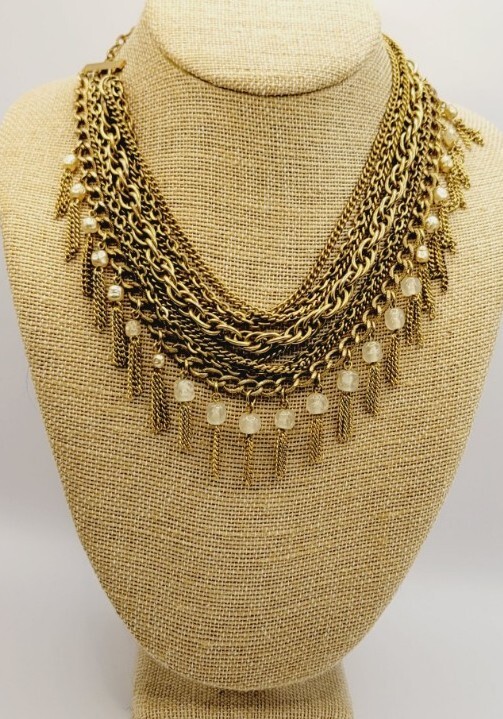 Fringe Necklace Vintage 8 Layers Layered Gold tone Multichain Beaded 16.5″