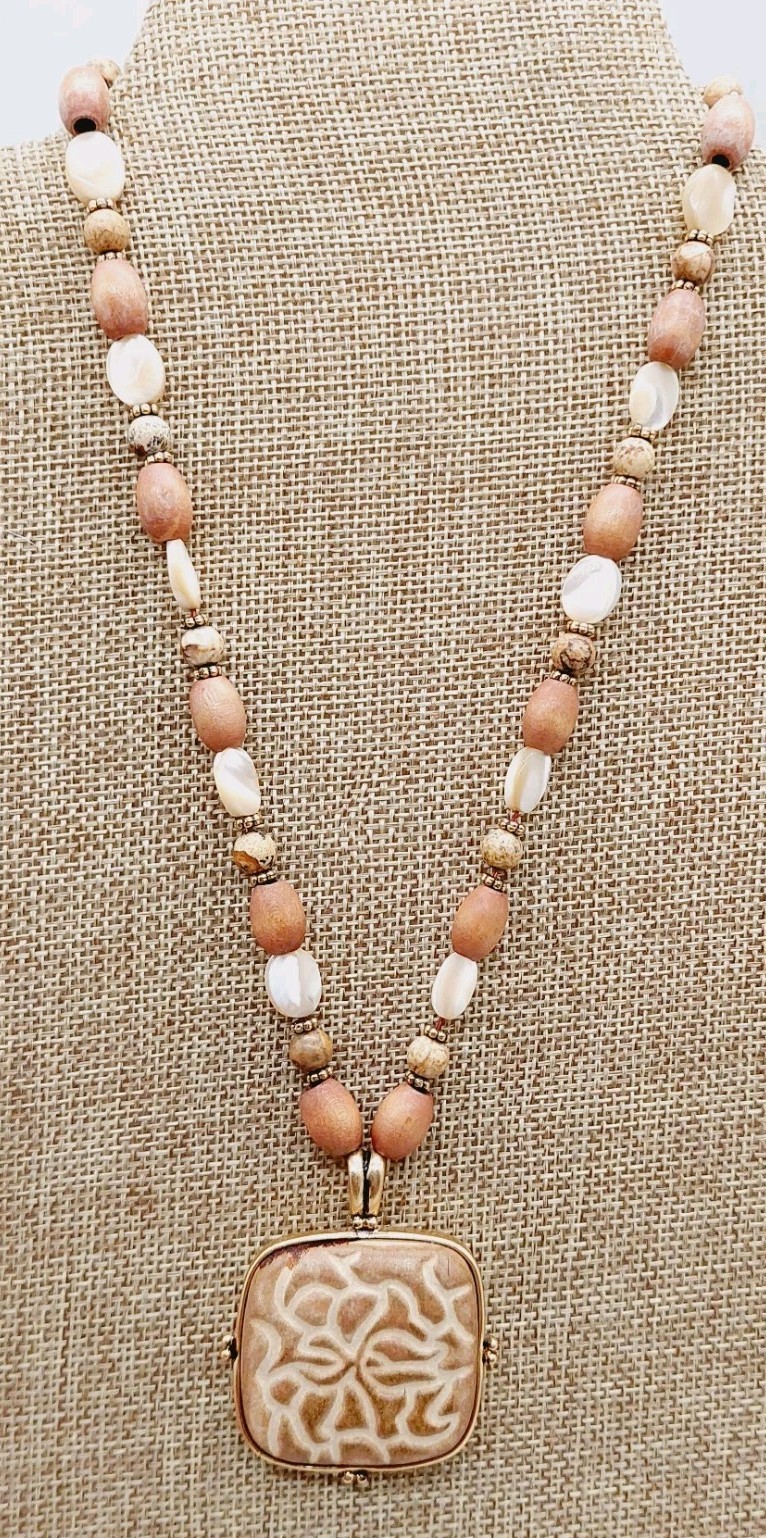 Monet Wood Shell Beads Ceramic Pendant Necklace