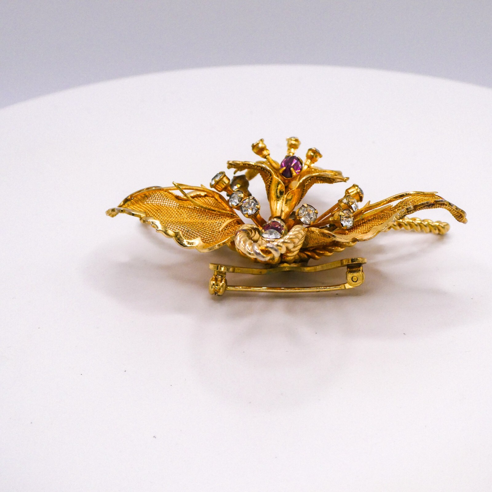 Purple Rhinestone Orchid Figural Brooch Pin Mesh Rhinestone Vintage Large 2.5″