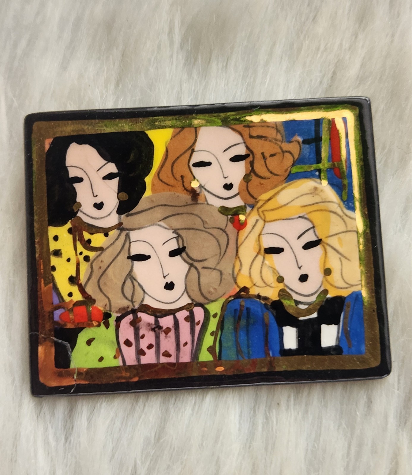 Laura Mostaghel Signed Hand Painted Folk Art Brooch Women Faces Portrait