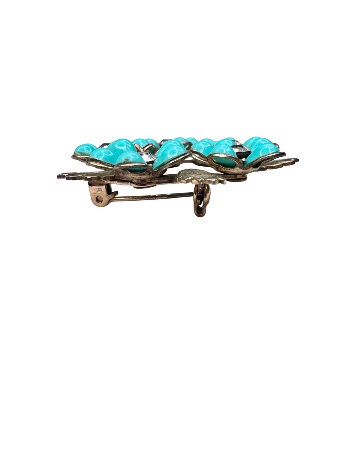 Unsigned Brooch Teal Acrylic Flower Wreath Crystal Gold Tone Floral 1960s Vintag