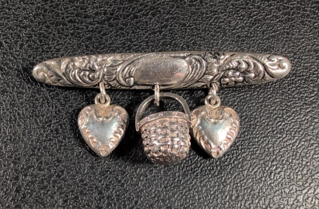Bar Brooch Flowers &Scroll Design – Hearts and Basket Dangles – Sterling – Vtg