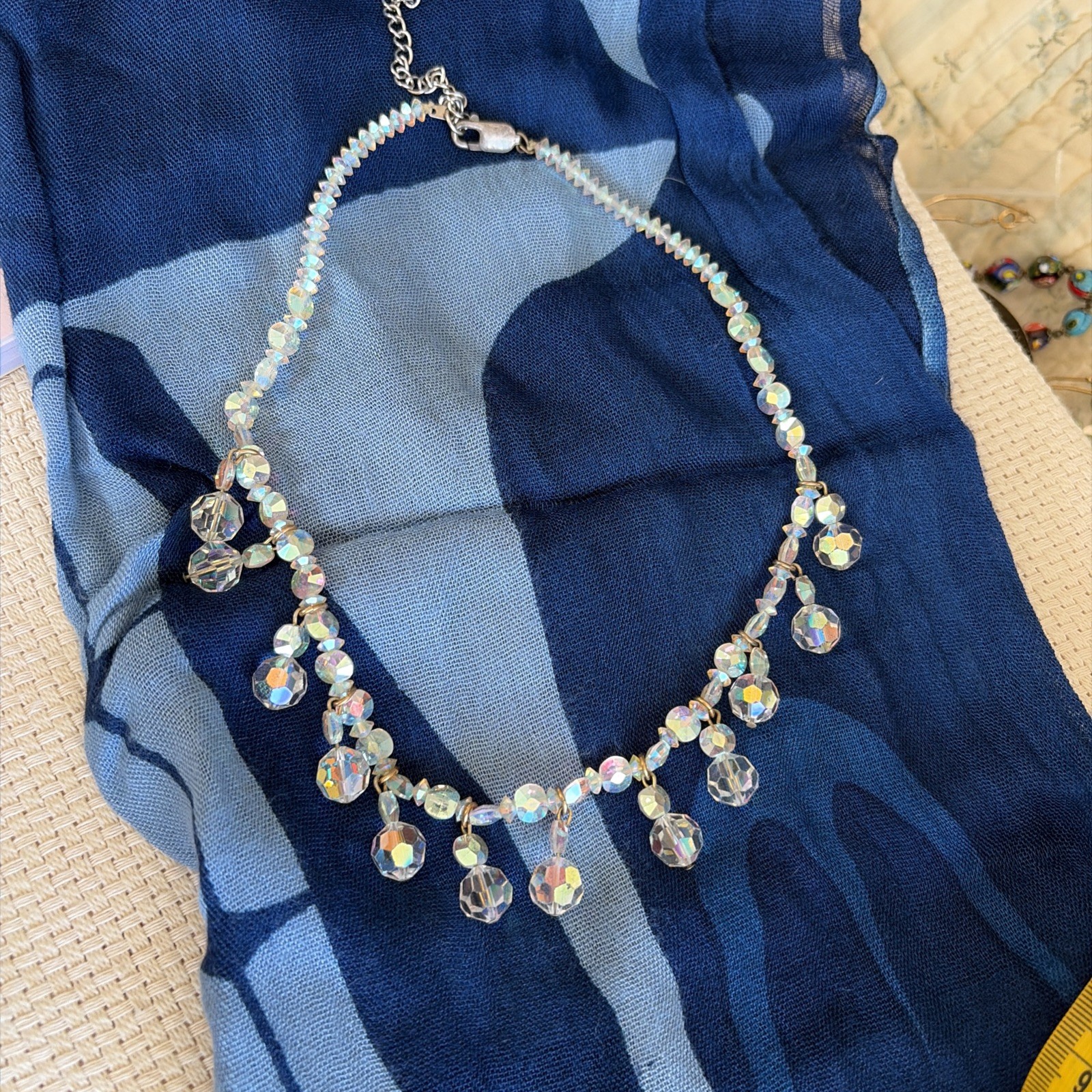 Woman’s Vintage Aurora Crystal Necklace Restrung Sterling Silver Clasp 18+Inch