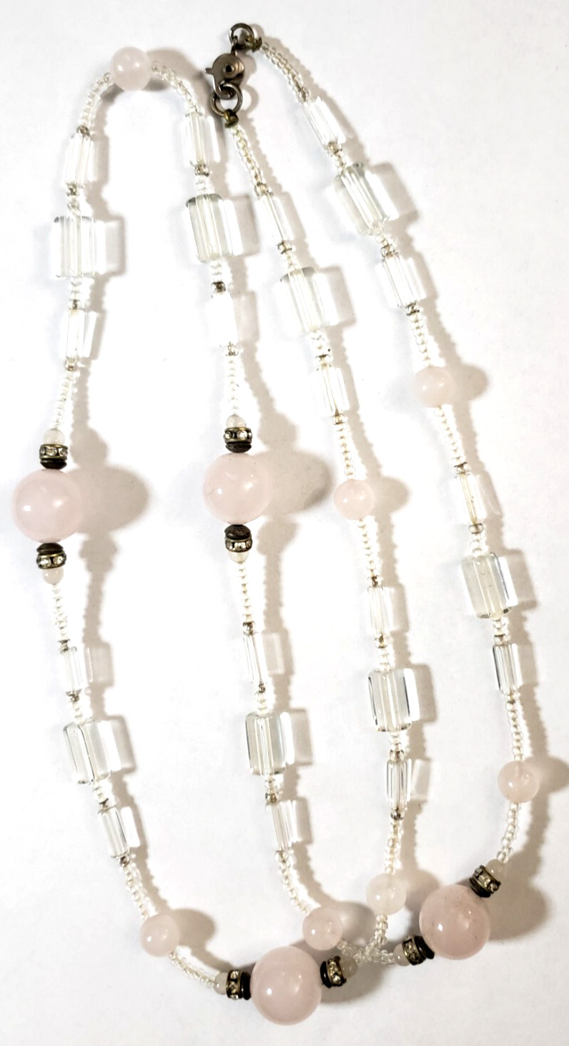 VTG ART GLASS BEAD NECKLACE Pink PateDeVerre/ Clear Sister Clasp Unsigned Beauty