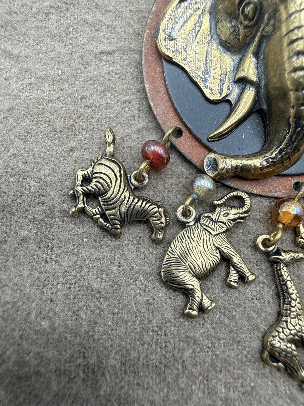 Vintage Safari Pin Gold Tone Dangle Animal Charms Brooch Pin