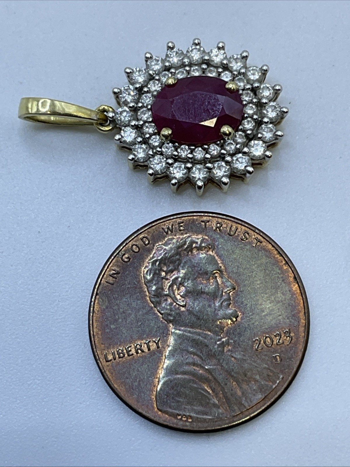 VINTAGE HANDMADE Solid 18K(750) Y.Gold Ruby & Diamonds DOUBLE HALO Style Pendant
