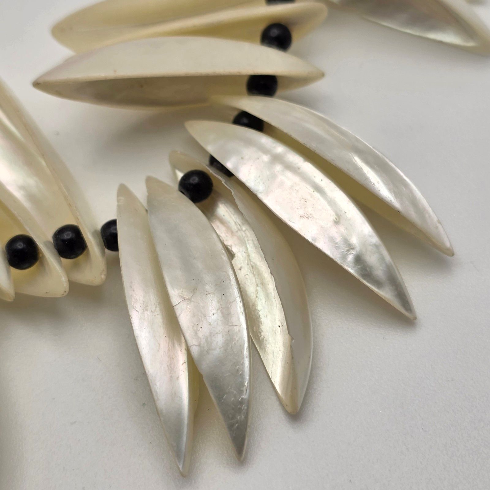 Vintage Mother Of Pearl Shell Fringe Bib Necklace Black Bead Tribal Boho 25″
