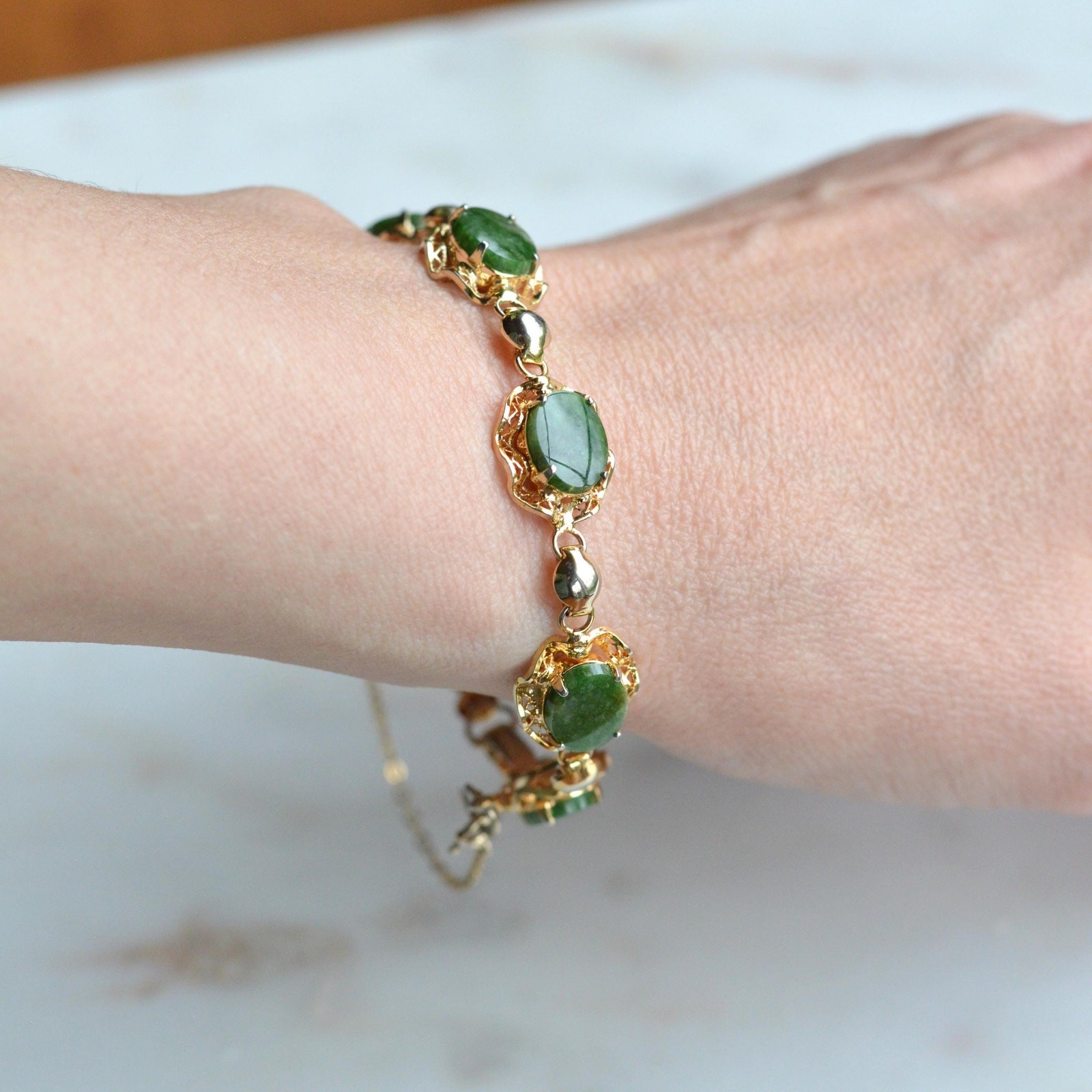 Vintage Alice Caviness Jade Bracelet | 12K Gold Filled Filigree Link | Signed
