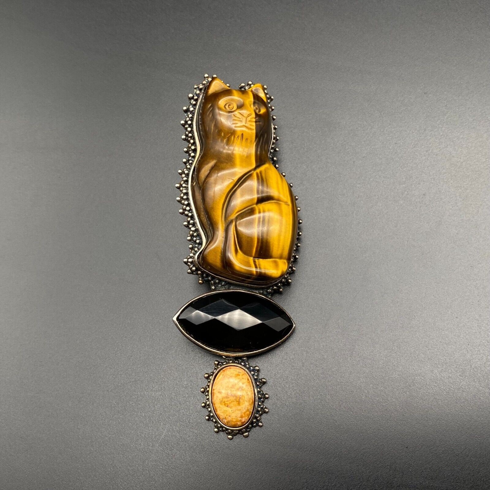 Huge AKR Amy Kahn Russell Cat Tiger Eye Sterling Silver Pendant Pin Brooch