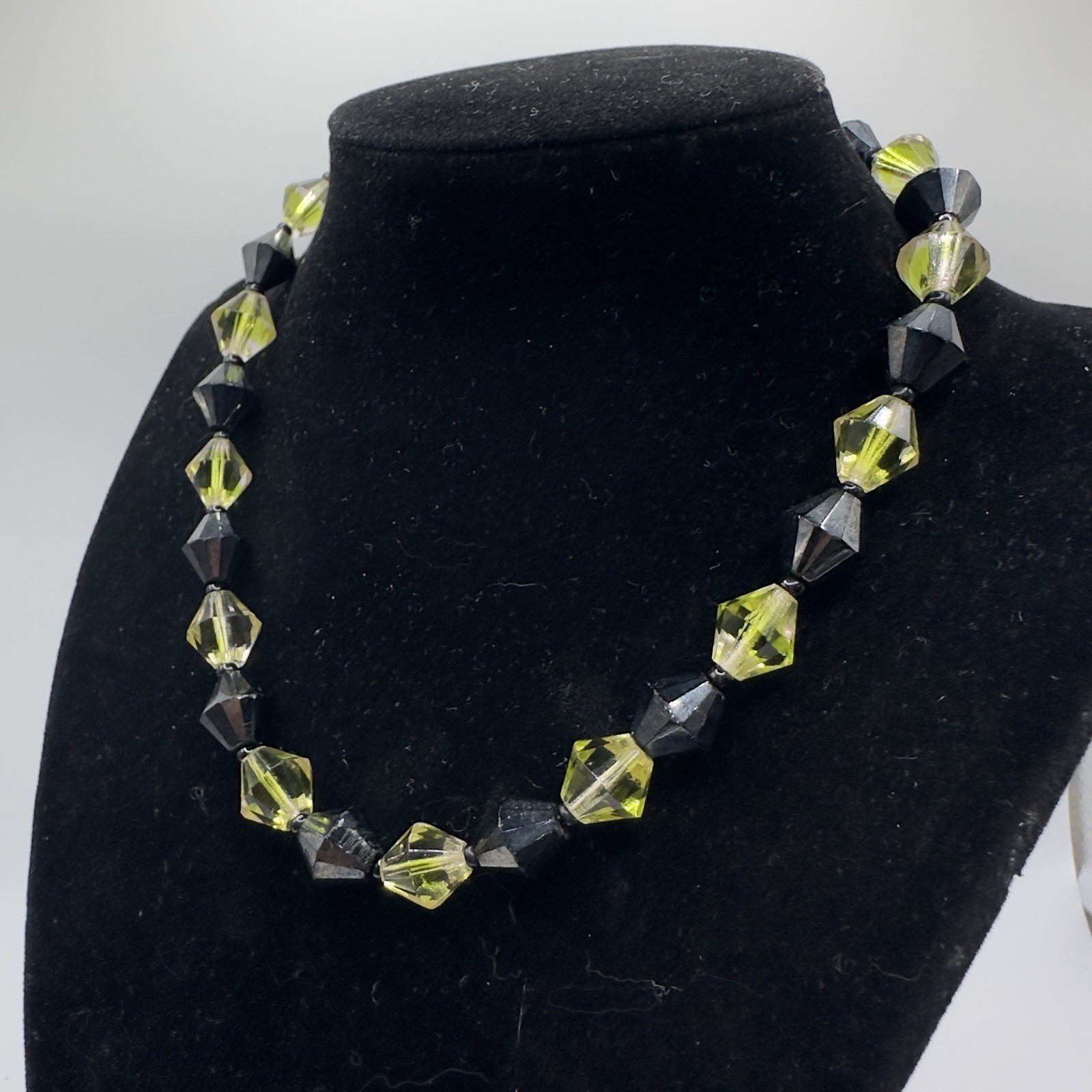 Vintage West Germany Necklace Black & Chartreuse Bicone Glass Bead Choker 15”