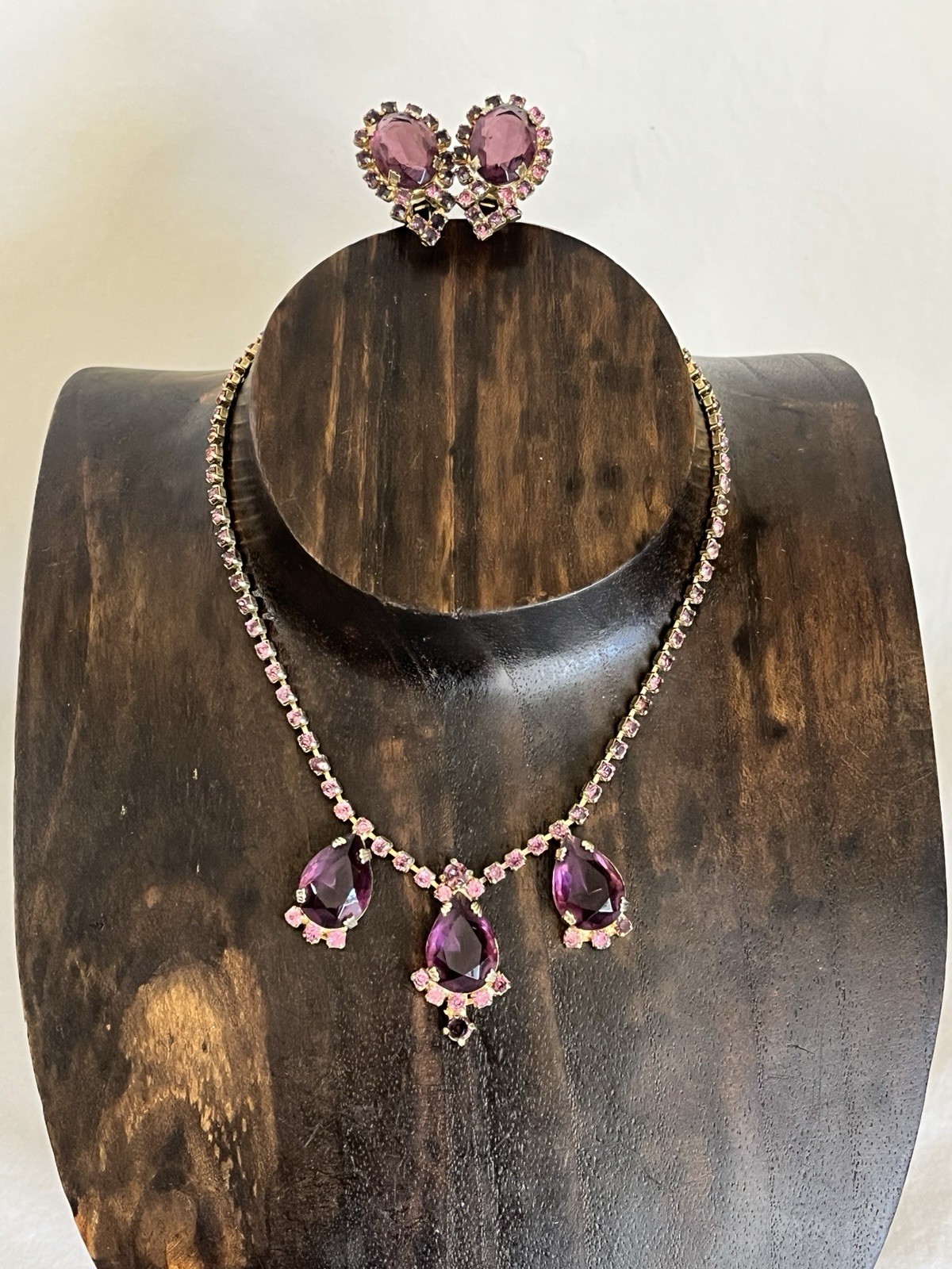 Vintage Purple Rhinestone Necklace and Earring Set Choker and Clip Ons