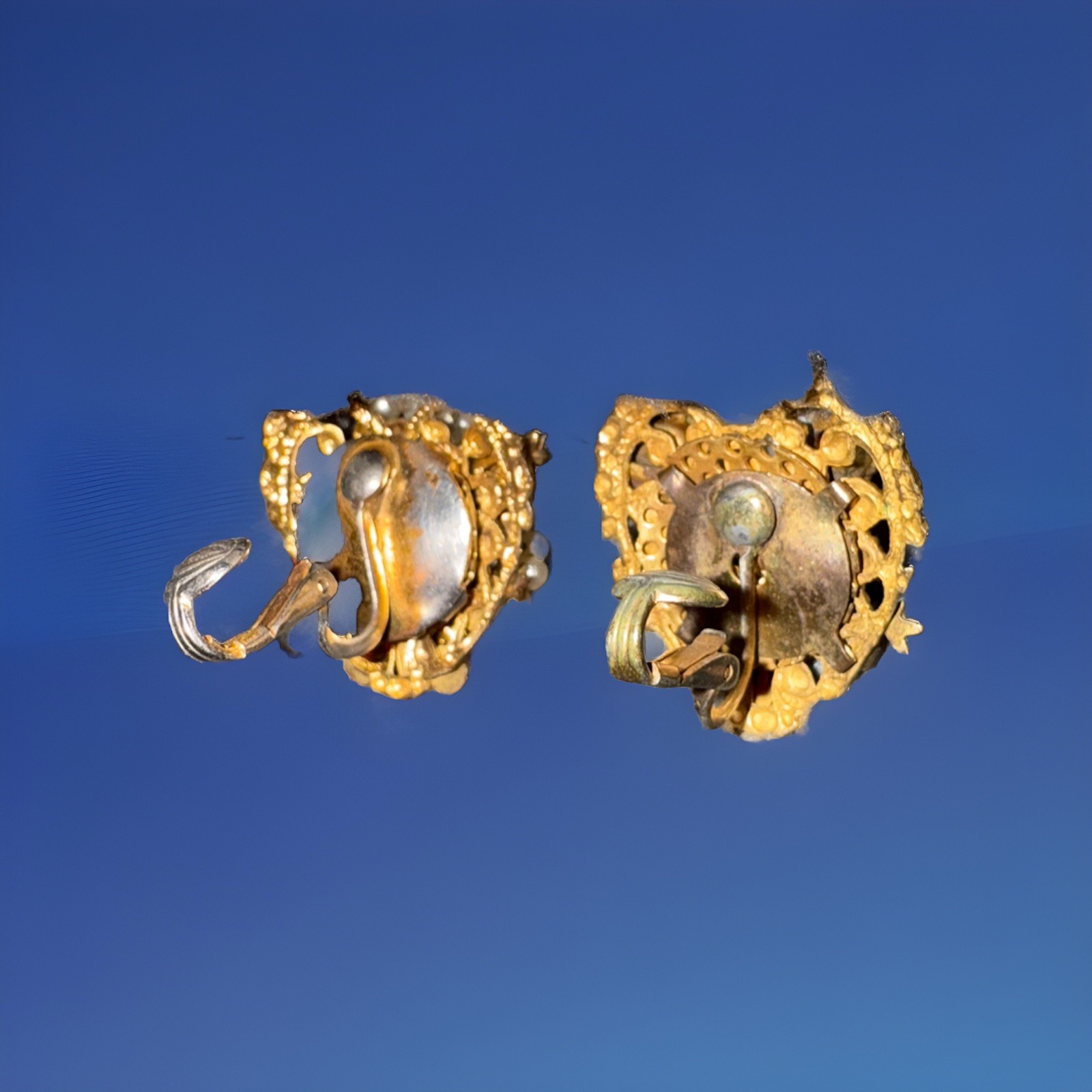 Vintage Earrings Clip Gold-Tone White Pink Purple Flowers (a Few Stones Missing)