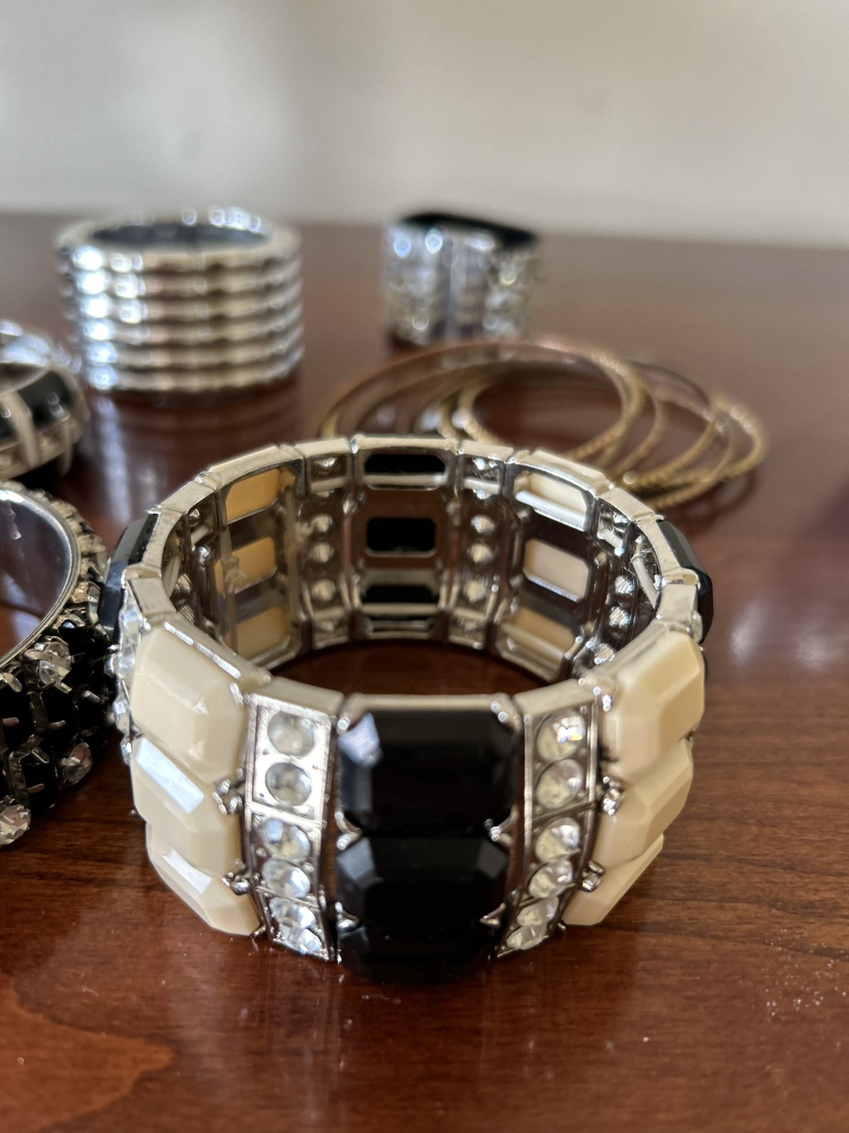 Vintage Metal Black And White Inlayed Enamel Bangles LOT OF 6 BANGLES