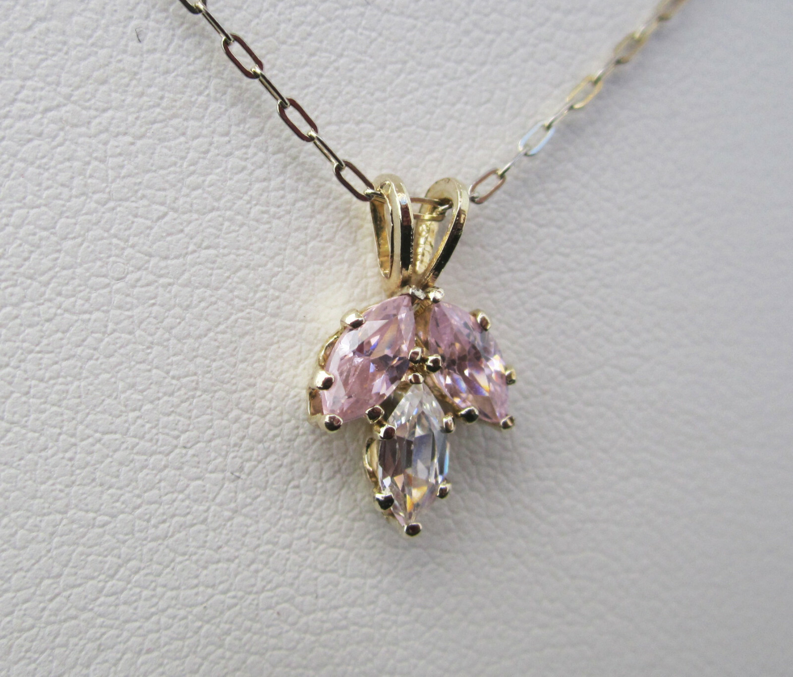 12K Gold Filled Pretty Marquise Cut Pink & Clear CZ Pendant Necklace NOS