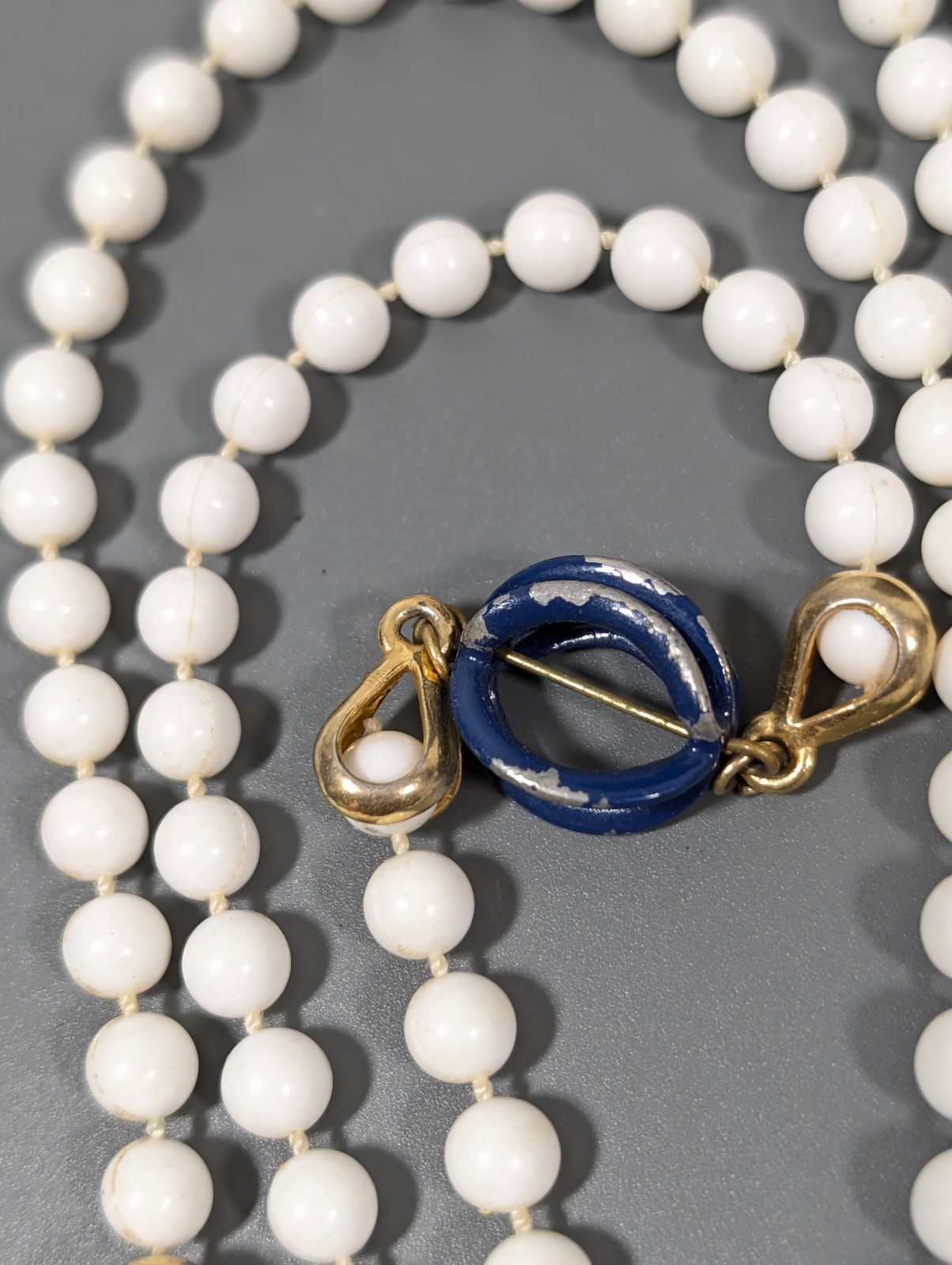Vintage White Beaded Very Long Necklace Blue Accent Layering 54 in Opera