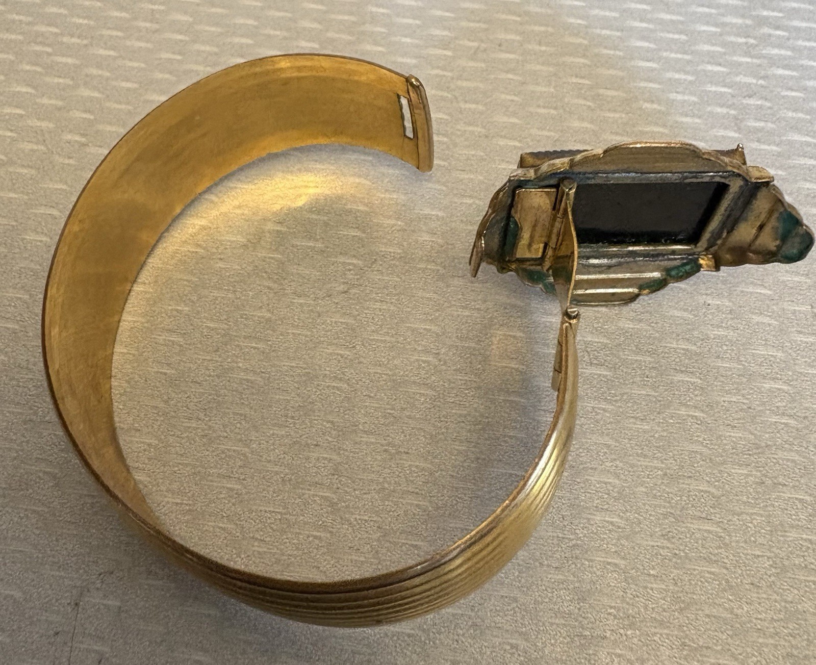 Art Deco Signed MARSH Gold Plate Bangle Snap Open Hidden Secret Locket Bracelet