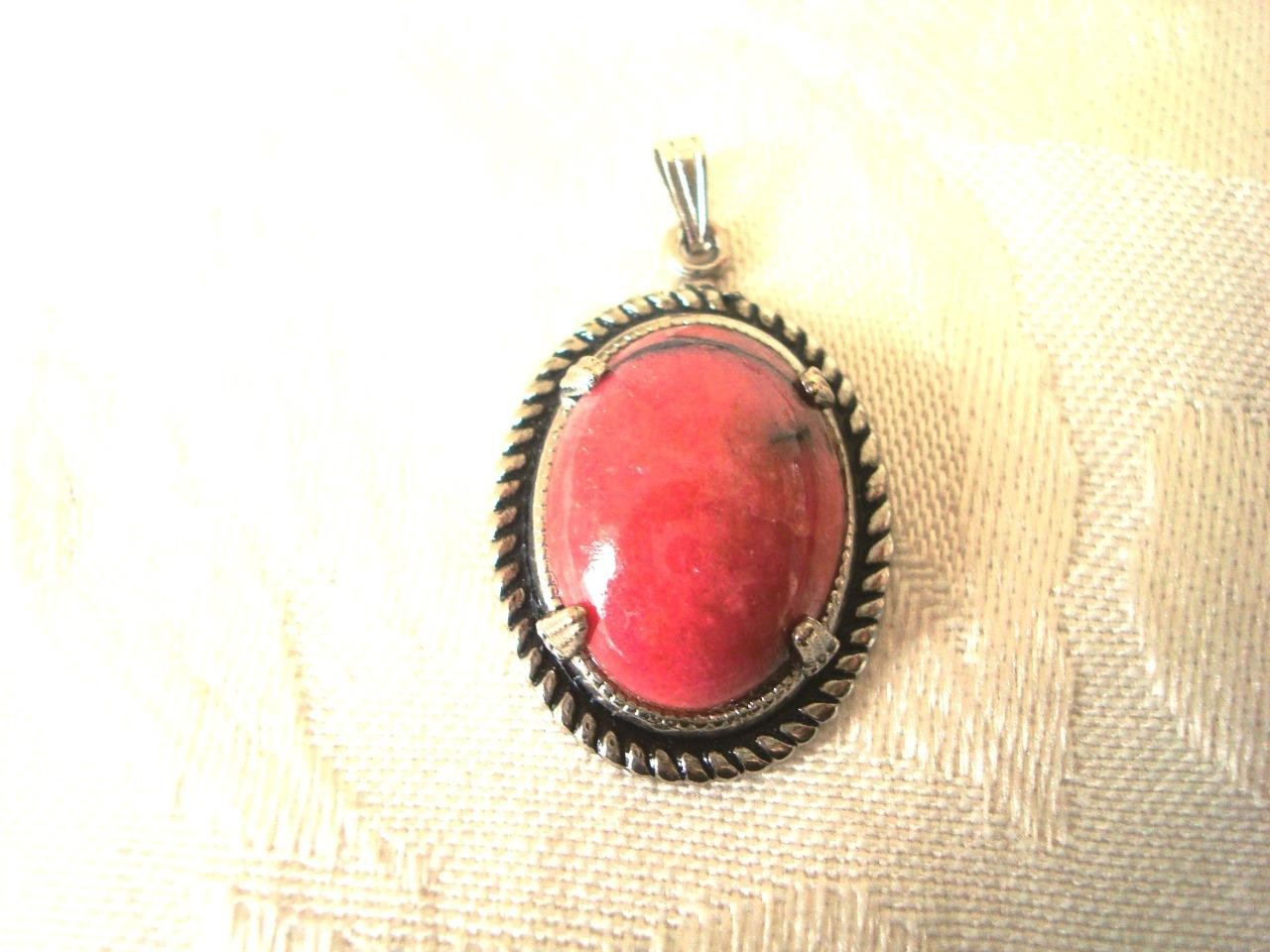 Vintage Silver tone Pendant With Marbled Pink Black Polished Stone 3/4 x 1 In.