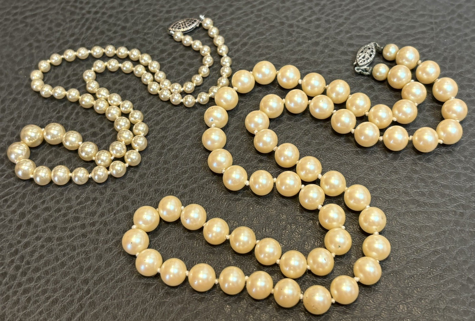 Vintage Lot Of 2 Sterling Silver Clasps Faux Pearls Hand Knotted Necklaces Layer