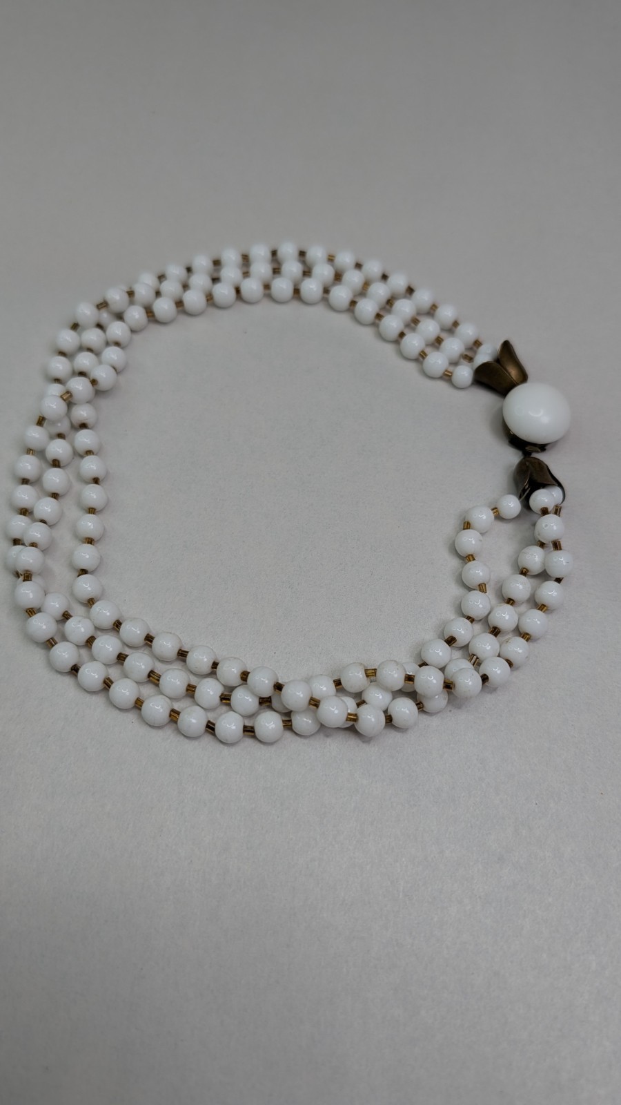 1950s Milk Glass Necklace Triple Strand With Brass Tulip Caps Glass Clasp 16.5in