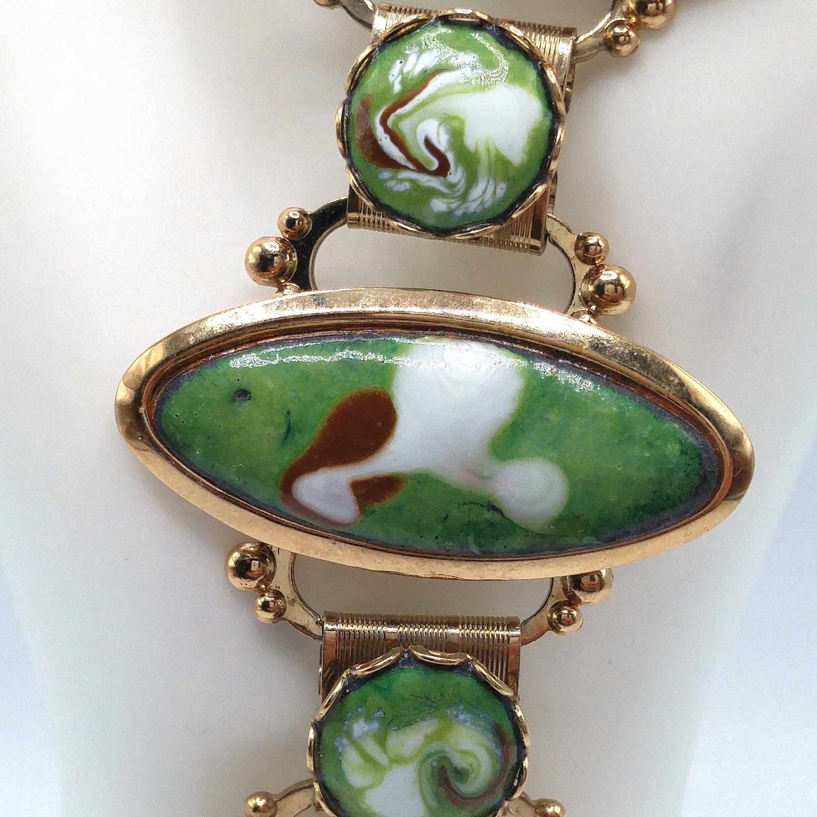 Mid-Century Enamel Book Chain Bracelet, Green Brown White Gold, 1950s Vintage
