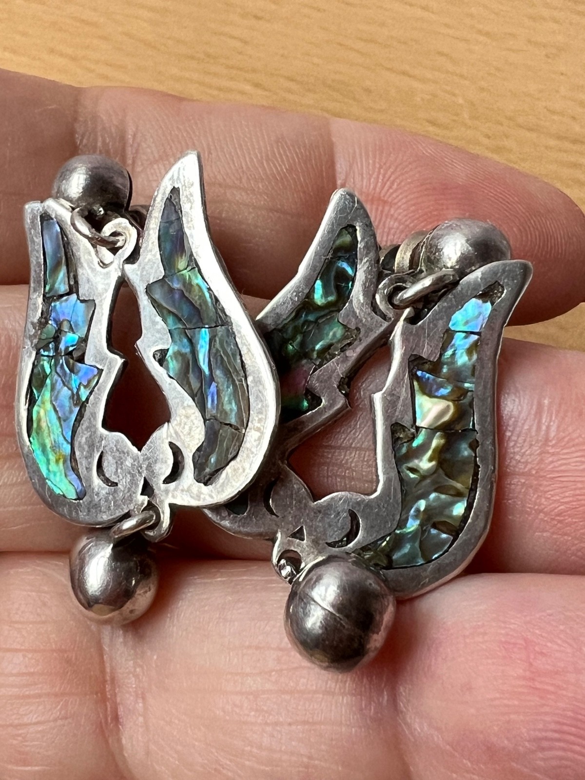 VINTAGE TAXCO MEXICO TULIP DESIGN ABALONE SCREW BACK EARRINGS 925 STERLING SLVER