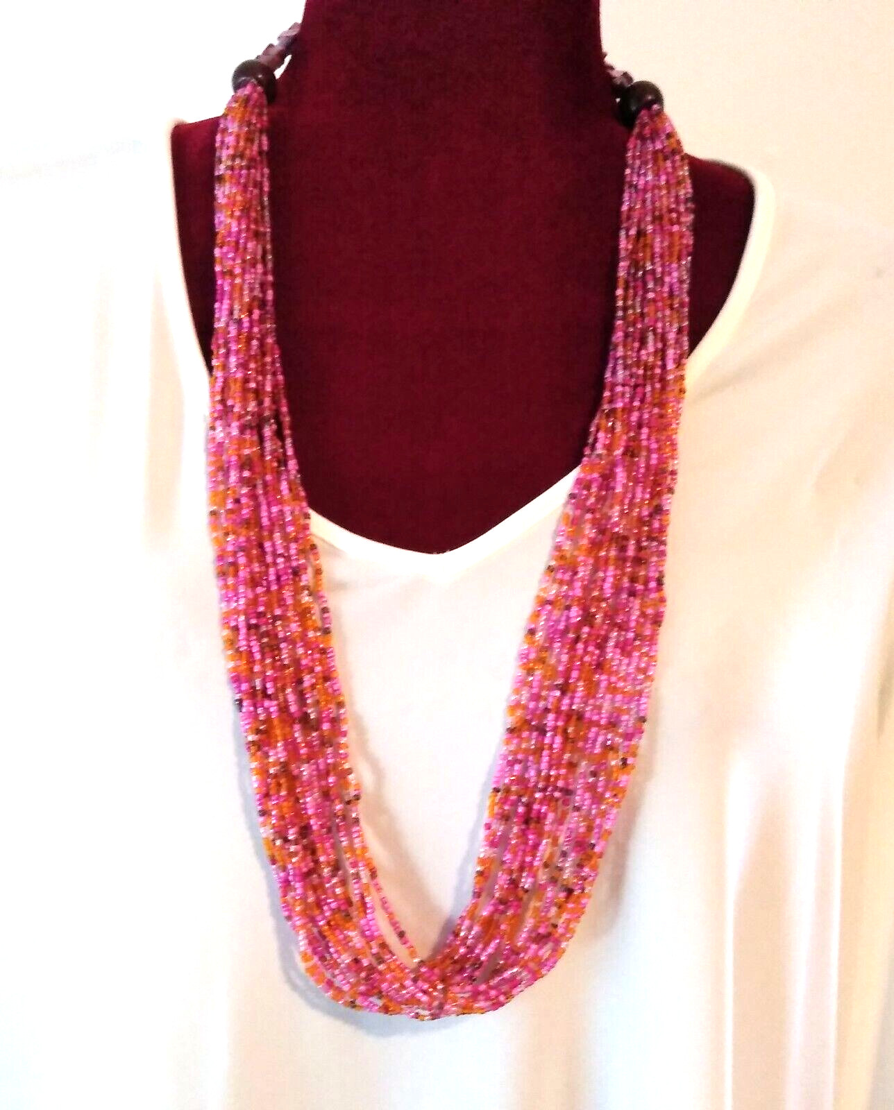 Vintage~Artisan~ 34″ Multi-Color, Reds, Pinks, Purples, Amber~Seed Bead Necklace