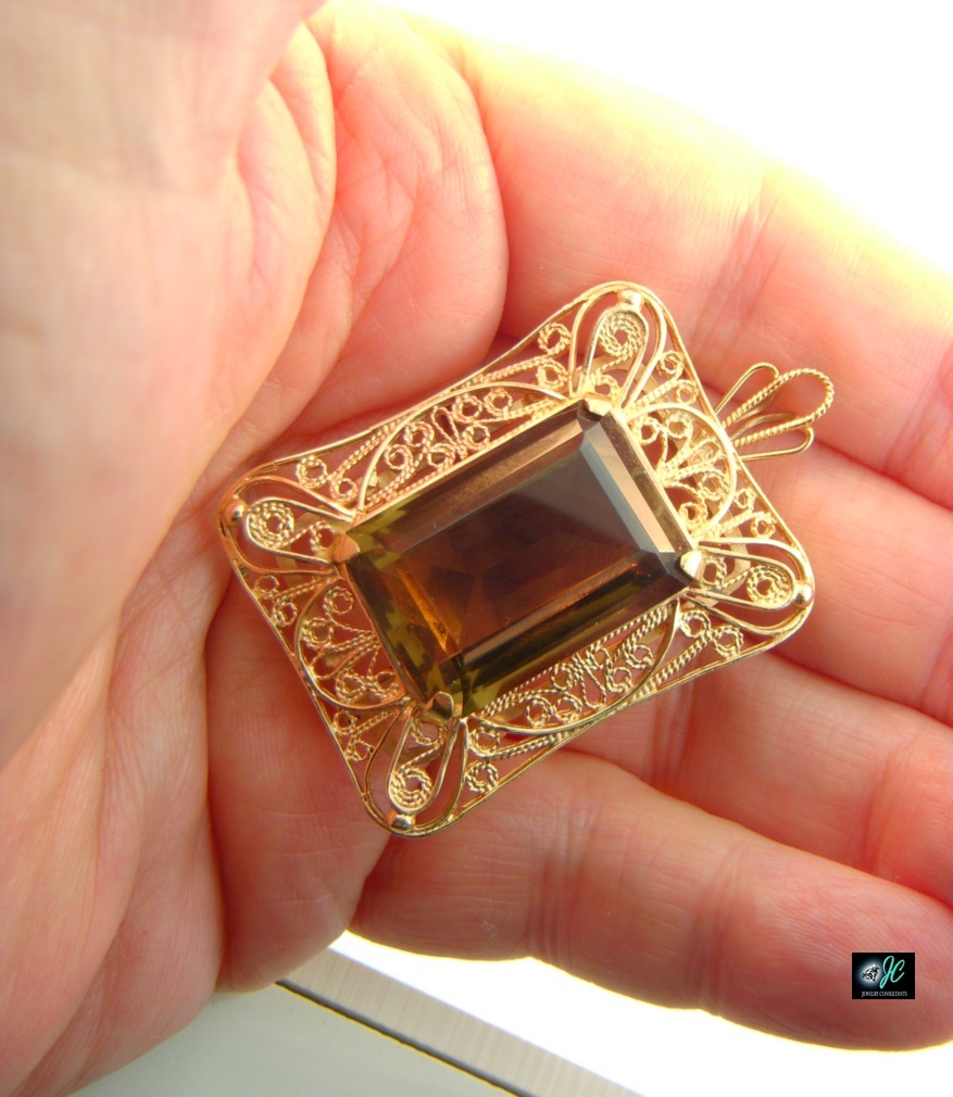 VINTAGE STUNNING RARE 14K ROSE GOLD SMOKY QUARTZ 16.8 GRAM PIN BROOCH PENDANT