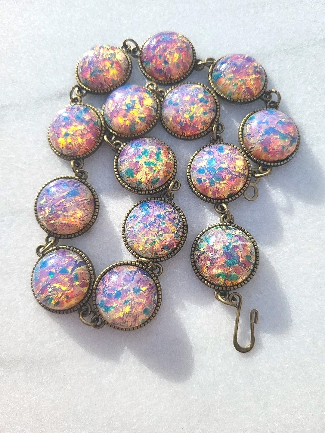 VINTAGE OPAL FOIL MILKY LILAC GLASS CABACHON STATION NECKLACE SET HEAVY ARTISAN
