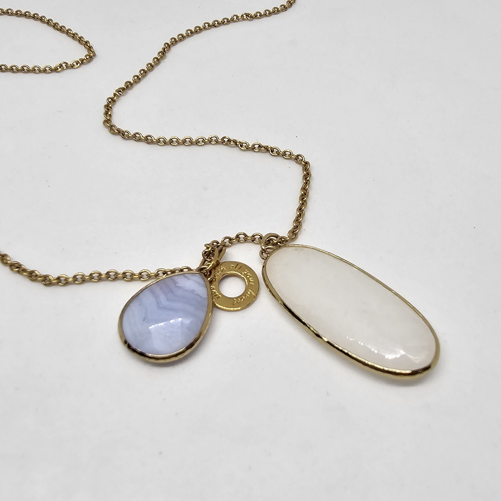 STELLA & DOT Gold Pink Blue Agate stone Charm Pendant Chain Necklace