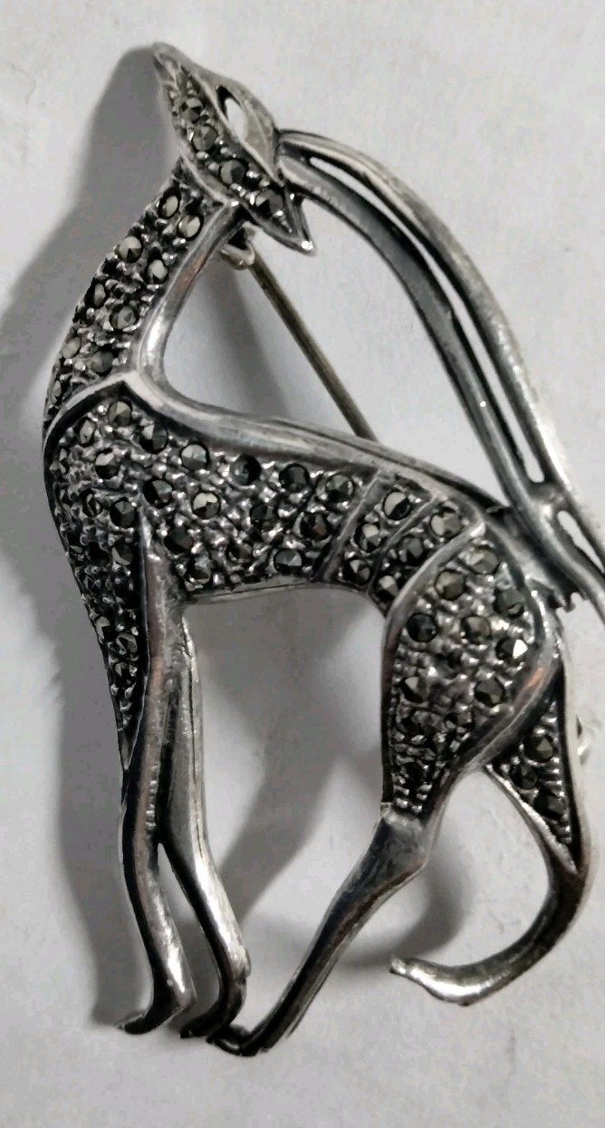 Sterling Silver Rare 925 Antique Antelope/White Stag Marcasite Brooch/Pin